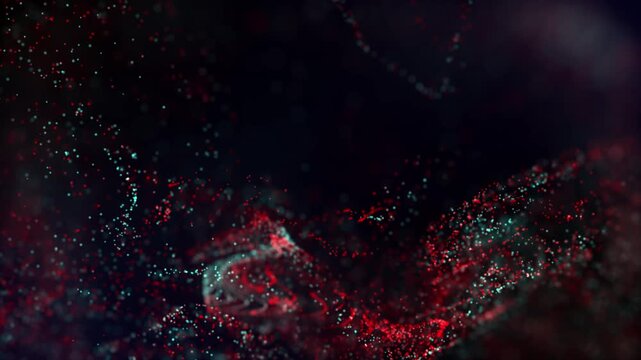 Glowing red green teal particles swirling fluidly in a dark space background, creating a magical abstract animation with cosmic energy visualization for technology or science backgrounds