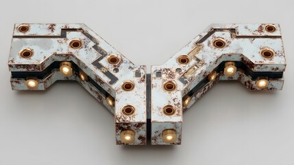 Rustic, angular light fixture design with aged metal.