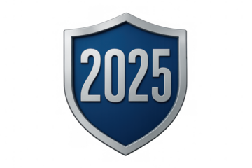 Metallic shield with 2025 numbers inside, representing future, security, protection and vision on transparent background