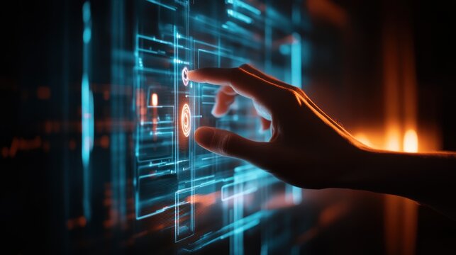 Hand touching holographic interface - Powered by Adobe