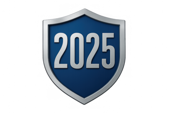 Metallic shield with 2025 numbers inside, representing future, security, protection and vision on transparent background