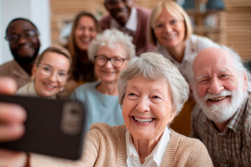 Multiracial seniors taking selfie in nursing home