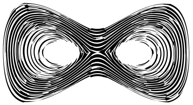 Abstract black and white illustration of a Lorenz attractor. A visual representation of chaos theory, the butterfly effect, and dynamic systems in a continuous loop.