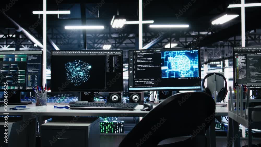 Poster server room pc screens tracking mainframes processing large scale machine learning datasets for arti