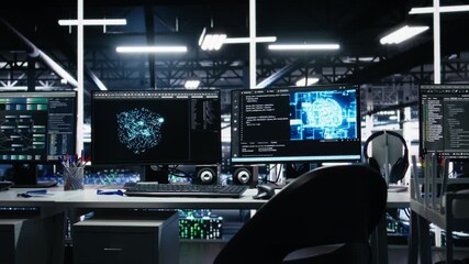 Server room PC screens tracking mainframes processing large scale machine learning datasets for artificial intelligence operations. Computer displays monitoring gear used in AI model development - Powered by Adobe