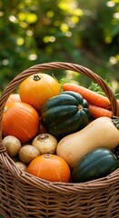 Wicker basket overflowing with autumn harvest vegetables