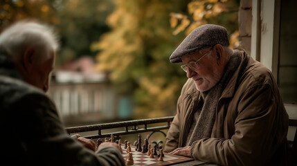 Elderly friends playing chess on autumn balcony