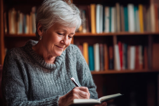 Elderly woman writing in journal, amused