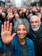 photo of a cheerful old people crowd waving hands on the street.