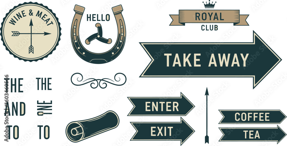 Fototapete vector art of a collection of vintagestyle signs and labels with arrows and text on a neutral backgr