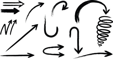 Vector art of handdrawn black arrows on a white background indicate direction and navigation with a brush stroke style