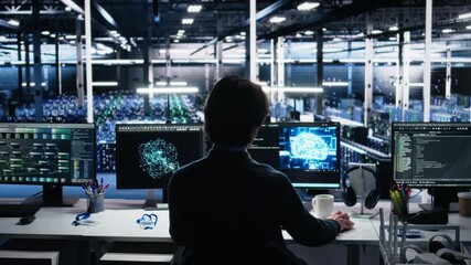 Engineer in server room using AI to review infrastructure diagnostics on devices. IT expert in data center analyzing performance data using artificial intelligence to maintain system uptime, camera A - Powered by Adobe