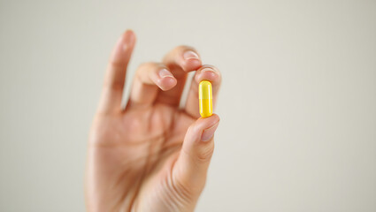 Fototapeta premium Close Up of Hand Holding a Single Yellow Capsule Medication with Blurred Background Focus on Medicine and Fingers