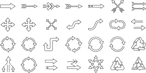 Vector art of a versatile set of thin line arrow icons on a plain white background, providing a minimalist and elegant way to indicate direction and flow in your designs, isolated on white background
