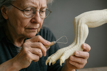Focused artist sculpting detailed dinosaur claw, creating realistic prehistoric reptile limb with careful precision in creative workspace