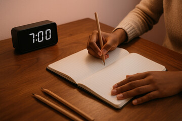 Early morning routine with person journaling in notebook at desk, digital clock showing 7 am, peaceful start to productive day