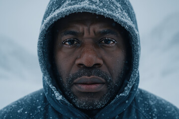 Determined man in hooded sweatshirt facing harsh winter conditions, showing resilience and strength in extreme cold outdoors
