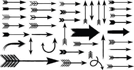 Vector art of a comprehensive set of black arrows isolated on white background offers a variety of styles and directions for wayfinding, design, and visual communication
