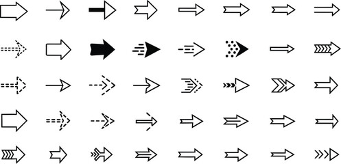 Vector art of collection of various arrow designs pointing to the right, isolated on white background
