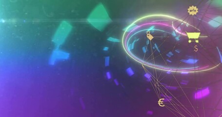 Neon ring tunnel accelerating revealing sale badge lock currency and cart icons showing ecommerce - Powered by Adobe