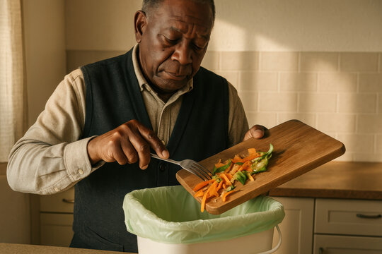 Senior man discarding vegetable scraps into compost bin in kitchen while practicing eco friendly waste management at home - Powered by Adobe