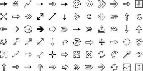 Naklejka premium Vector art of a comprehensive collection of arrow icons representing various directions and actions isolated on white background