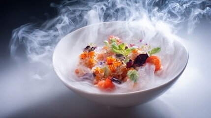 Signature molecular gastronomy dish with smoke effect, white background
