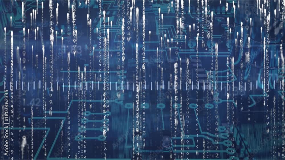 Poster opening circuit board filling moving bars waving line and cascading code forming data visualization