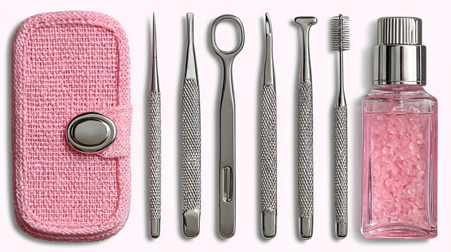 A set of beauty tools in a pink case.
