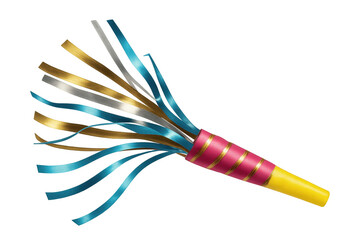 Colorful party horn blower exploding with metallic ribbons, isolated on transparent background, perfect for festive celebrations