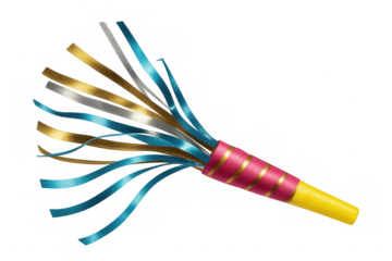 Colorful party horn blower exploding with metallic ribbons, isolated on transparent background, perfect for festive celebrations