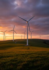 Obraz premium Wind Turbines on Rolling Hills at Sunset with Dramatic Sky and Golden Light