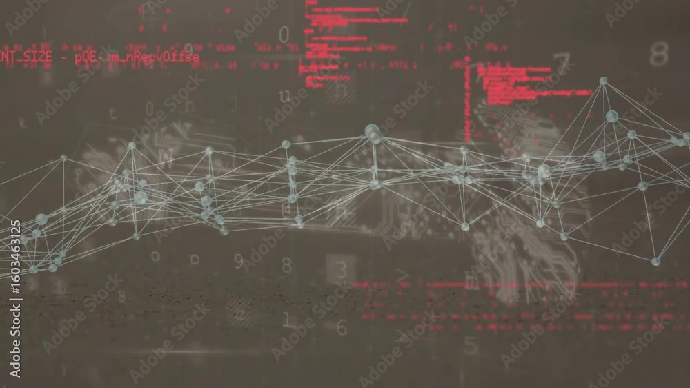Poster code-triggered glowing nodes emerging and connecting into network visualizing data flow