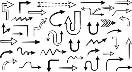 Vector art of a diverse assortment of handdrawn arrow illustrations isolated on white background, showcasing various styles, directions, and line weights for creative projects