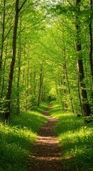 Fototapeta premium Lush forest path, sunlight filters