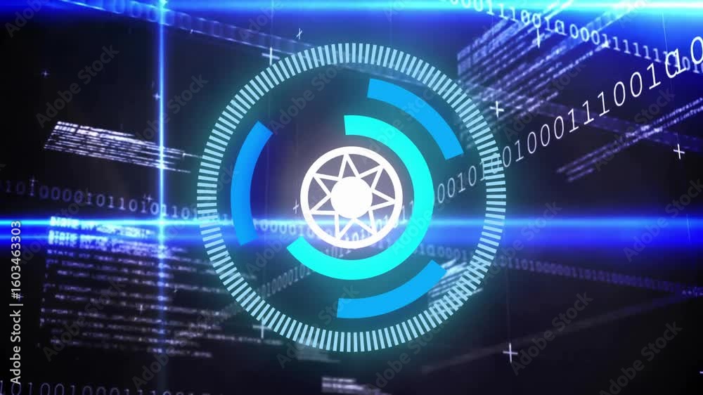 Poster upon binary digits streaming, interface rotating color-shifting arcs displaying data flow