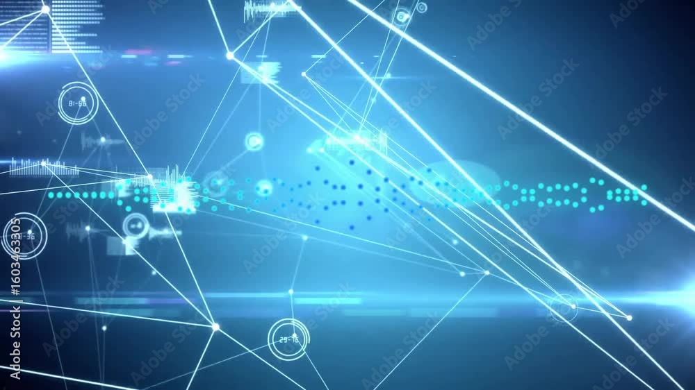Poster On launch glowing nodes and waveform animating with lines linking, forming expanding data network