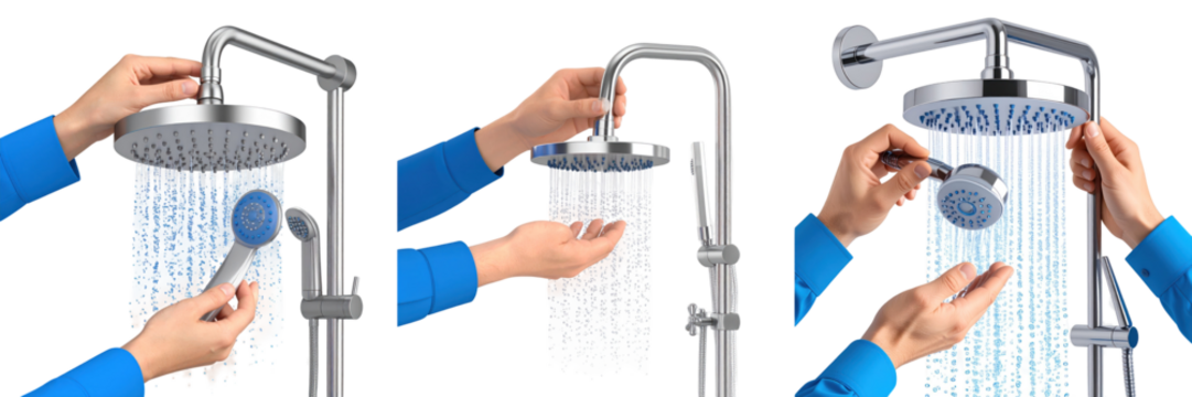 Hands In Blue Sleeves Installing Silver Showerhead With Water Spray Transparent Background