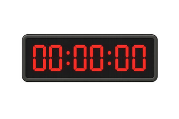 Red digital timer showing 00:00:00 isolated on transparent background, ideal for time management concepts