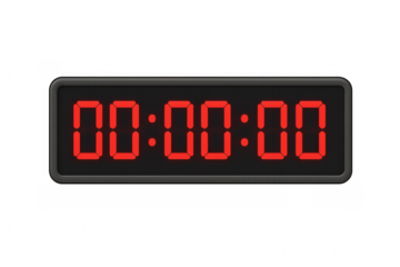 Red digital timer showing 00:00:00 isolated on transparent background, ideal for time management concepts