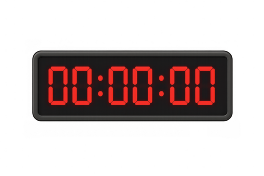 Red digital timer showing 00:00:00 isolated on transparent background, ideal for time management concepts - Powered by Adobe