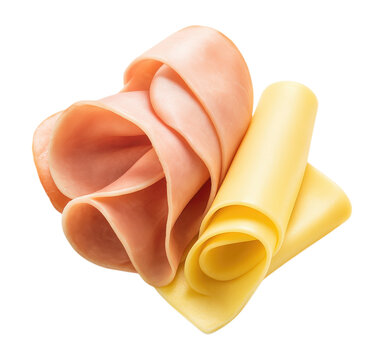 Delicately folded slices of boiled ham arranged in a rosette with rolled yellow cheese for an appetizer, Isolated on Transparent and White Background