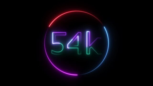 Glowing neon 54K text animation on black background. Celebration neon circle and number 54K with black color Background Loop Animation. Glowing neon line 54k Ultra HD icon isolated. 