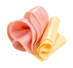 Thinly sliced boiled ham folded into a rose and rolled yellow cheese slices for appetizer, Isolated on Transparent and White Background