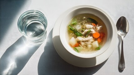 Warm chicken and vegetable soup with clear broth served with water and spoon in sunlight.