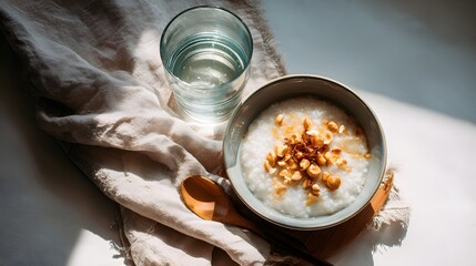 Plain congee rice porridge served warm with side peanuts and glass of water.

