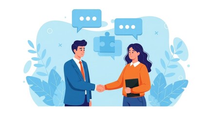 A man in a suit and a woman in an orange blouse shake hands symbolizing a business agreement with chat bubbles and puzzle pieces above