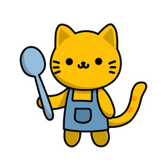 Vector illustration of cartoon cat holding spoon, cat icon, cat sticker, great as logo and design.