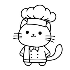 Vector illustration of cartoon sketch of cat in white chef outfit, cat icon, cat sticker, great as logo and design.