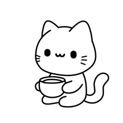 Vector illustration of a cartoon sketch of a cat sitting enjoying a cup of coffee, cat icon, cat sticker, great as logo and design.